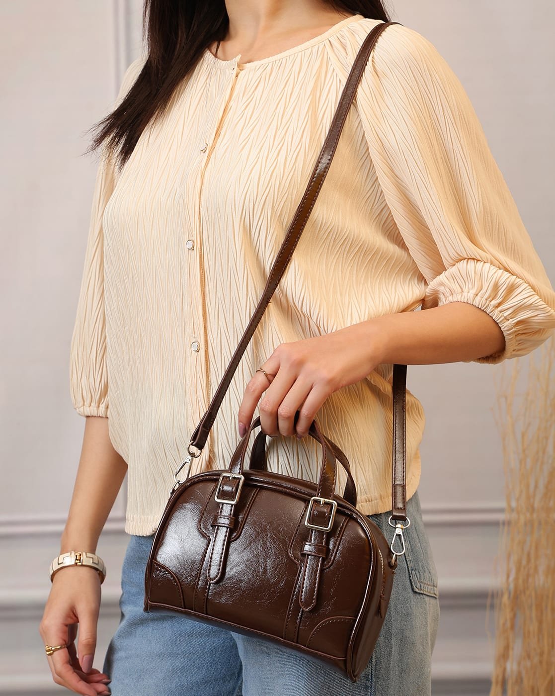 chestnut-buckle-sling-bag-1 Chestnut Buckle Sling Bag in Brown, view 1