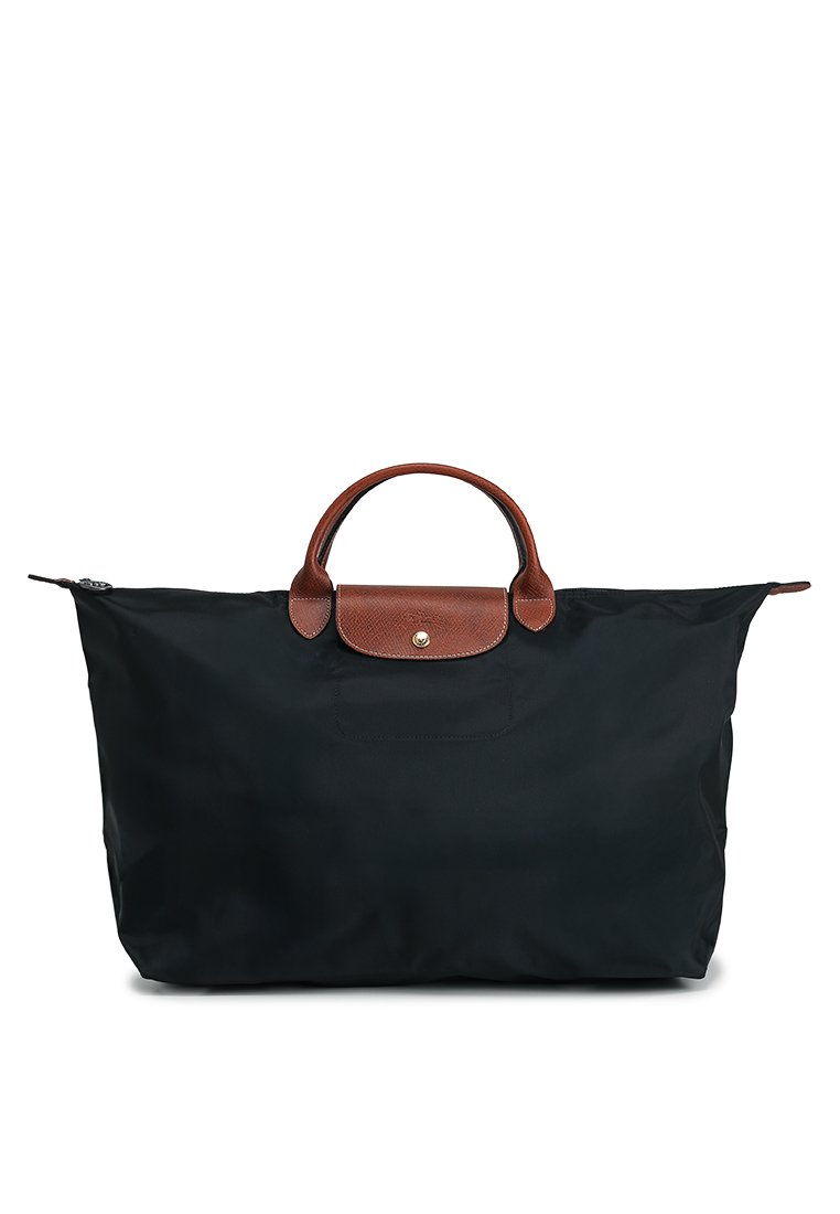 classic-nylon-travel-bag-l-with-leather-trim-black-1 Classic Nylon Travel Bag L with Leather Trim in Black, view 1