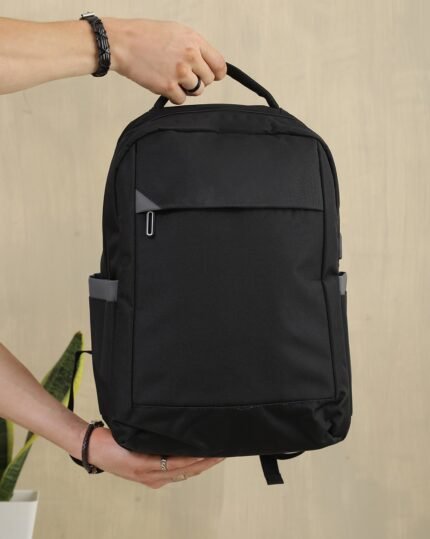 Contrast-Panel Laptop Backpack in Black, view 2