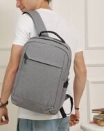 Contrast-Panel Laptop Backpack in Grey, view 2