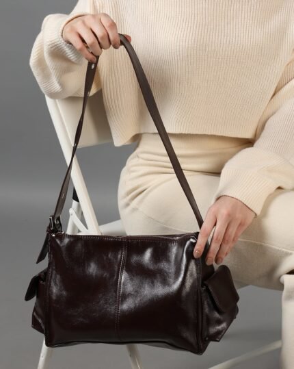 Ember Textured Shoulder Bag with Side Pockets in Brown, view 1