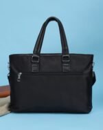 Embossed Laptop Bag with Sling Strap in Black, view 5