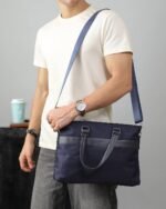 Embossed Laptop Bag with Sling Strap in Navy, view 2