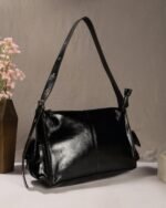 Noir Buckle-Strap Shoulder Bag in Black, view 3