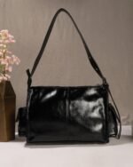 Noir Buckle-Strap Shoulder Bag in Black, view 4