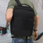 Panelled Laptop Backpack in Black, view 1