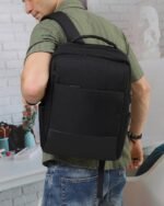 Panelled Laptop Backpack in Black, view 1