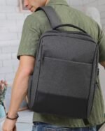 Panelled Laptop Backpack in Grey, view 2