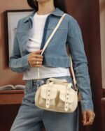 Pearl Textured Sling Bag with Detachable Strap in White, view 1