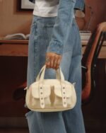 Pearl Textured Sling Bag with Detachable Strap in White, view 2