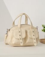 Pearl Textured Sling Bag with Detachable Strap in White, view 3