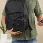Pleated Patch Detail Backpack in Black, view 1
