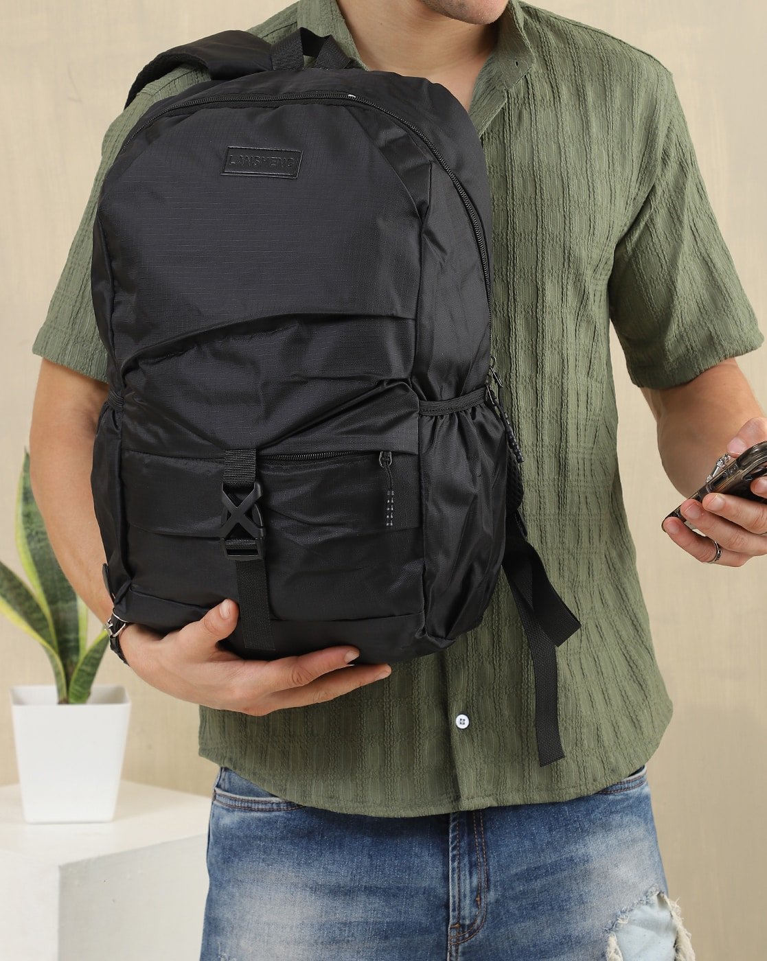 pleated-patch-detail-backpack-black-1 Pleated Patch Detail Backpack in Black, view 1