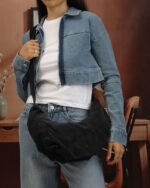 Pleated Suede Hobo Bag in Black, view 1
