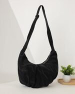 Pleated Suede Hobo Bag in Black, view 3