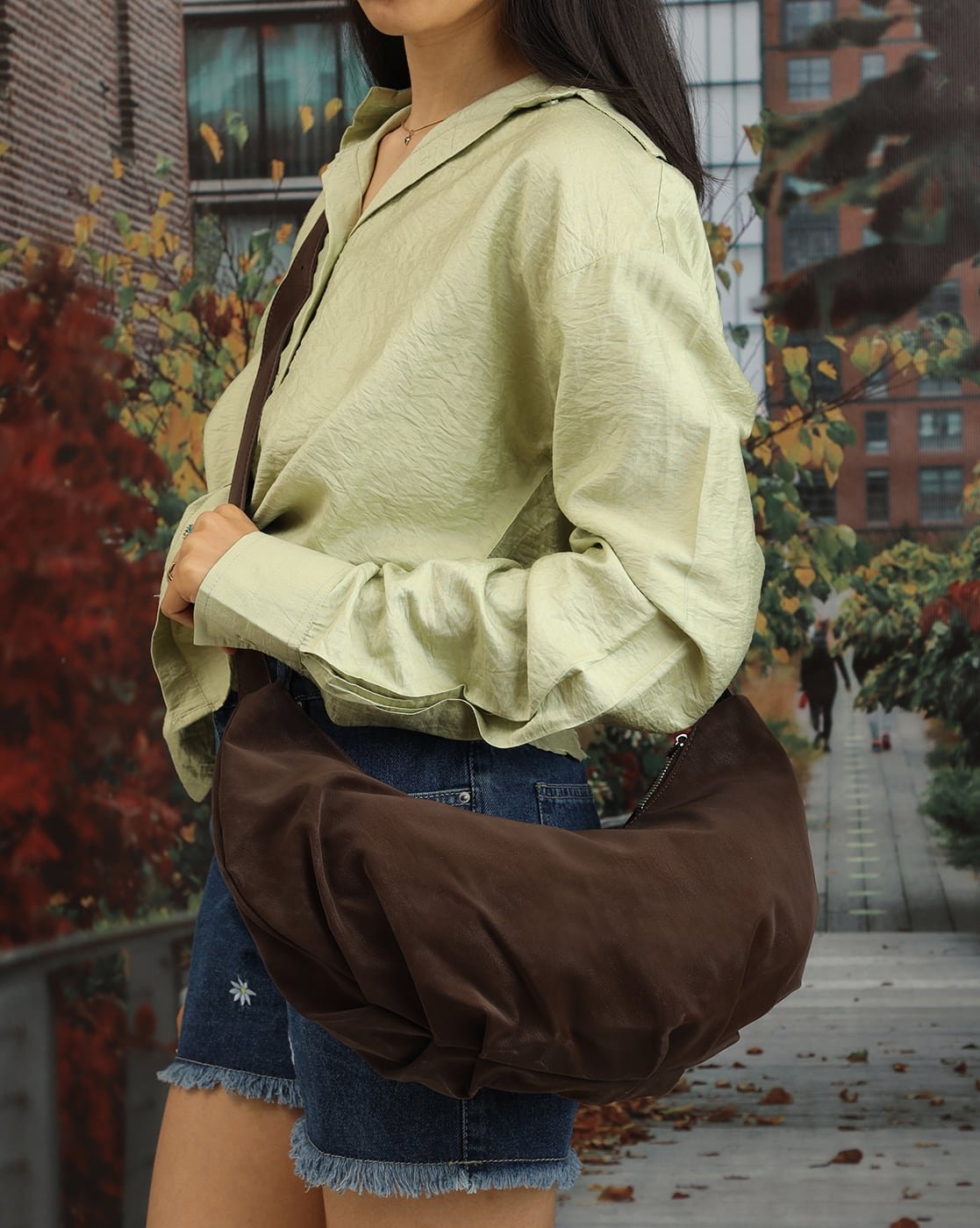 pleated-suede-hobo-bag-brown-1 Pleated Suede Hobo Bag in Brown, view 1