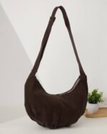 Pleated Suede Hobo Bag in Brown, view 3