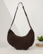 Pleated Suede Hobo Bag in Brown, view 4