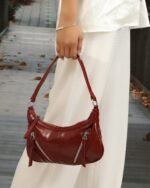 Rouge Textured Baguette Bag in Red, view 2