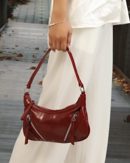 Rouge Textured Baguette Bag in Red, view 2