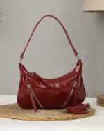 Rouge Textured Baguette Bag in Red, view 3