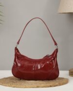 Rouge Textured Baguette Bag in Red, view 4