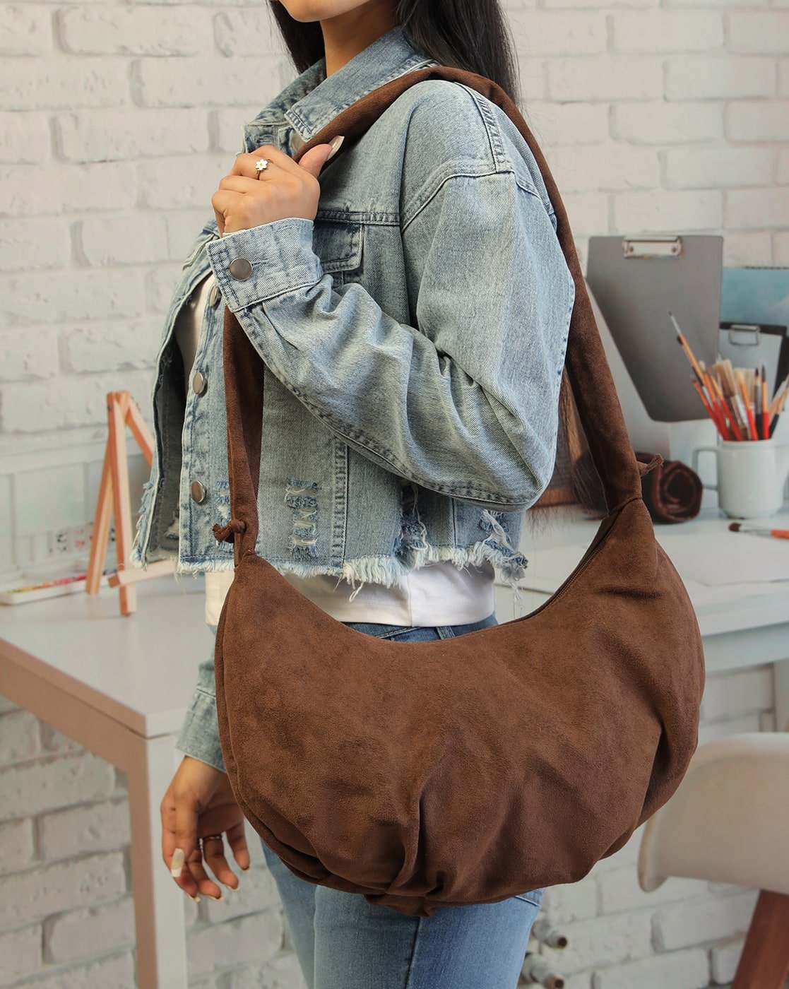 ruched-strap-tie-up-shoulder-bag-brown-1 Ruched-Strap Tie-Up Shoulder Bag in Brown, view 1