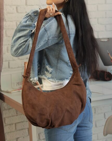 Ruched-Strap Tie-Up Shoulder Bag in Brown, view 2