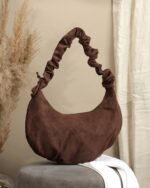 Ruched-Strap Tie-Up Shoulder Bag in Brown, view 3