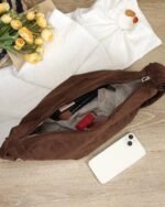 Ruched-Strap Tie-Up Shoulder Bag in Brown, view 6