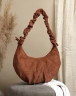 Ruched-Strap Tie-Up Shoulder Bag in Tan, view 3
