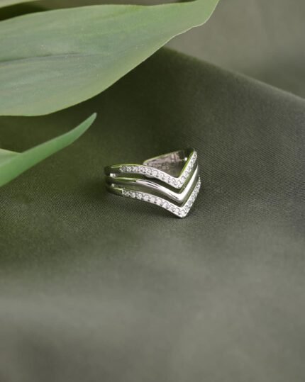 Silver Rhinestone V Open Ring, view 2