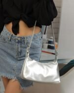 Sleek Baguette Bag with Sling Strap in Silver, view 1