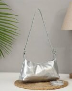 Sleek Baguette Bag with Sling Strap in Silver, view 3
