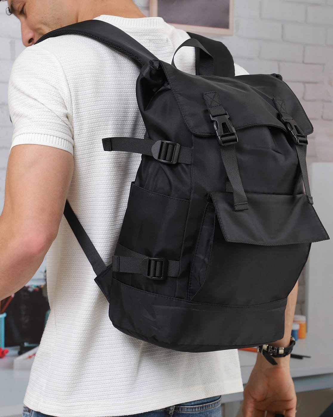 toggle-drawstring-rucksack-black-1 Toggle-Drawstring Rucksack in Black, view 1
