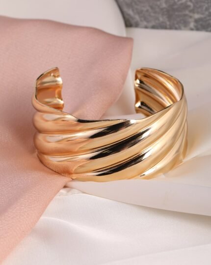 Twisted Ribbed Gold Cuff Bracelet, view 2