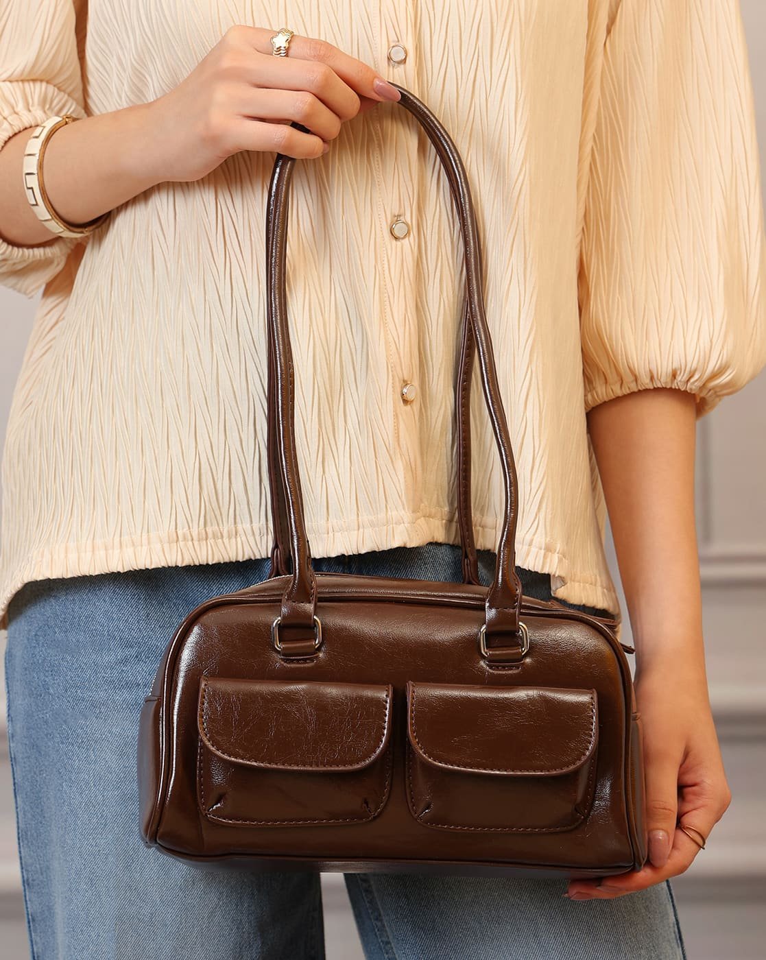 walnut-single-zip-flap-pocket-bag-1 Walnut Single-Zip Flap-Pocket Bag in Brown, view 1
