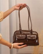 Walnut Single-Zip Flap-Pocket Bag in Brown, view 2